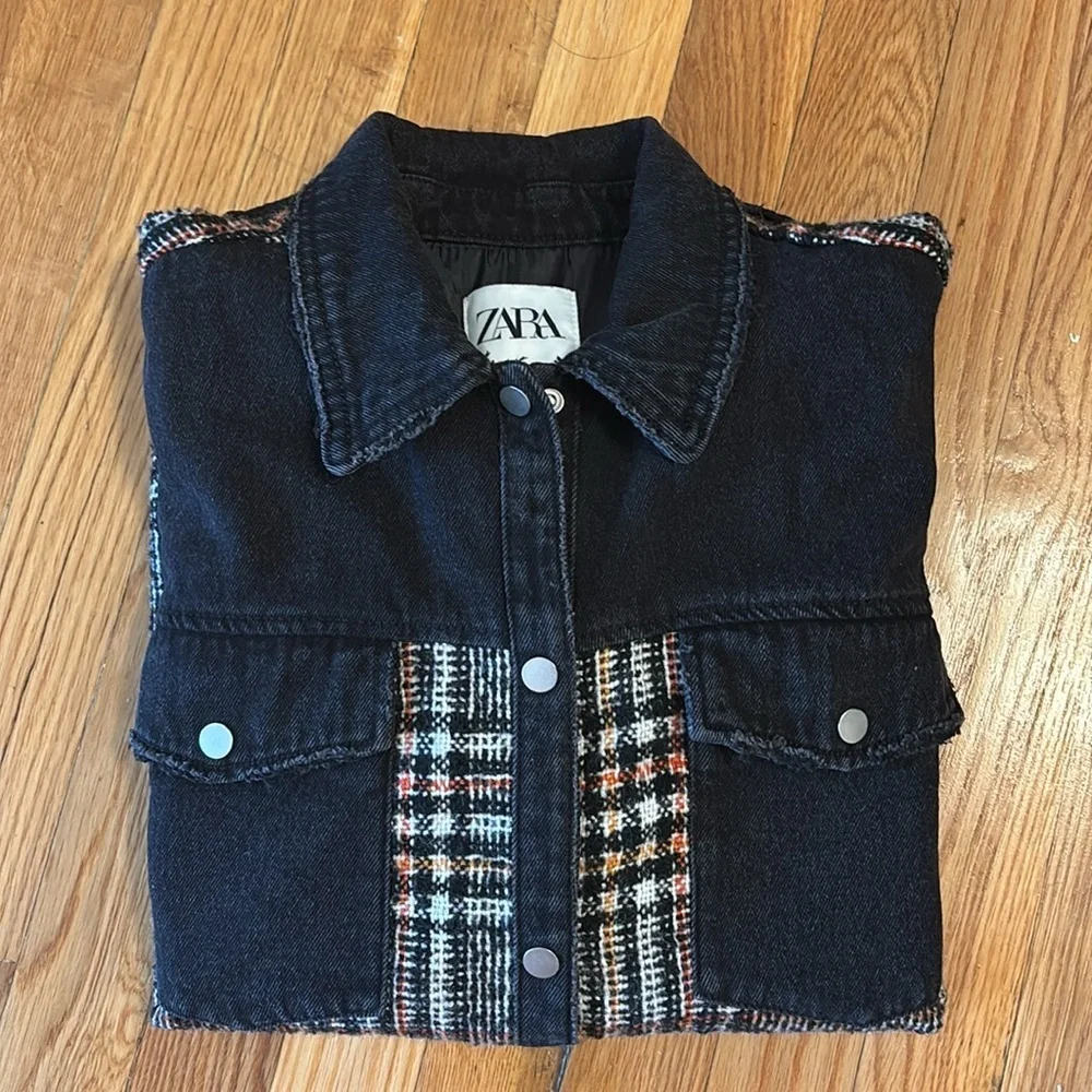 Zara Black and Plaid Jean Jacket